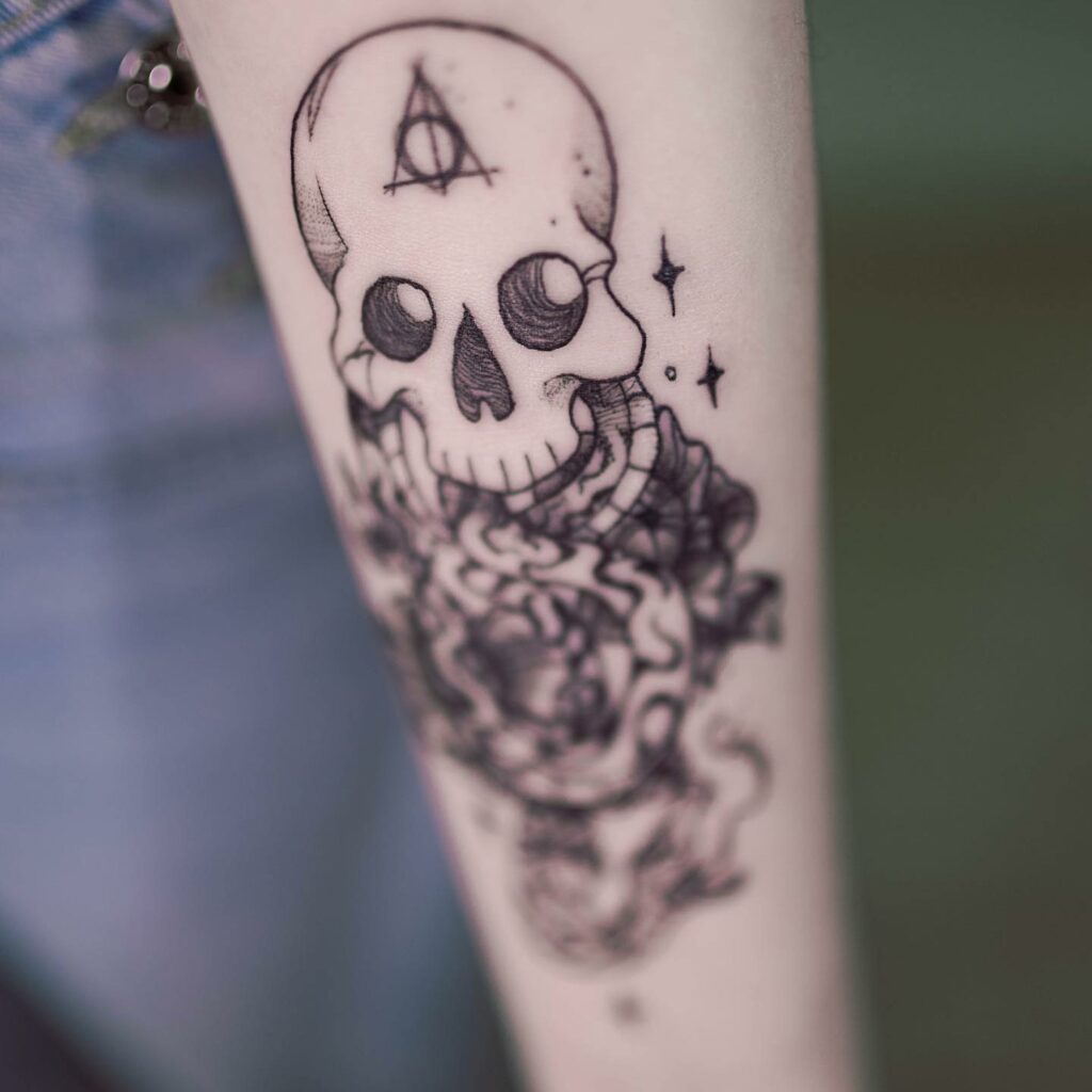 10+ Forearm Skull Tattoo Designs Which Will Blow Your Mind! 16 Death Eaters Tattoo Design On ForeArm