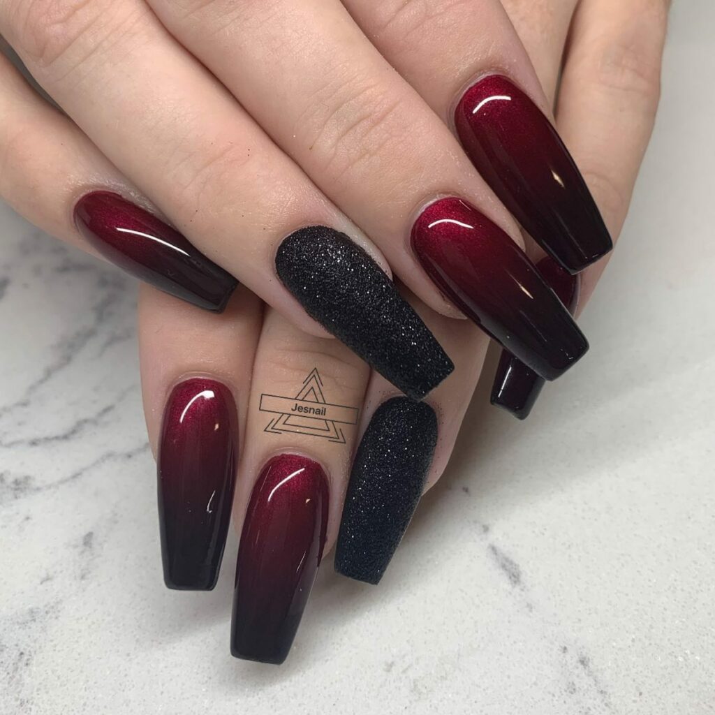 44 Latest Black Ombré Nail Designs To Try In 2024! 15 Deep Maroon Meets Glittering Black Ombré Nails