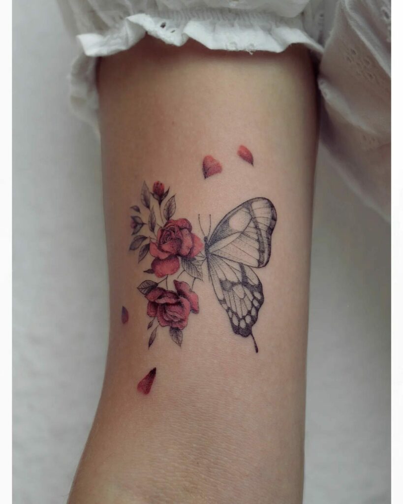 11+ Rose And Butterfly Tattoo Ideas That Will Blow Your Mind! 20 Delicate Bright Colors Butterfly X Rose Tattoo