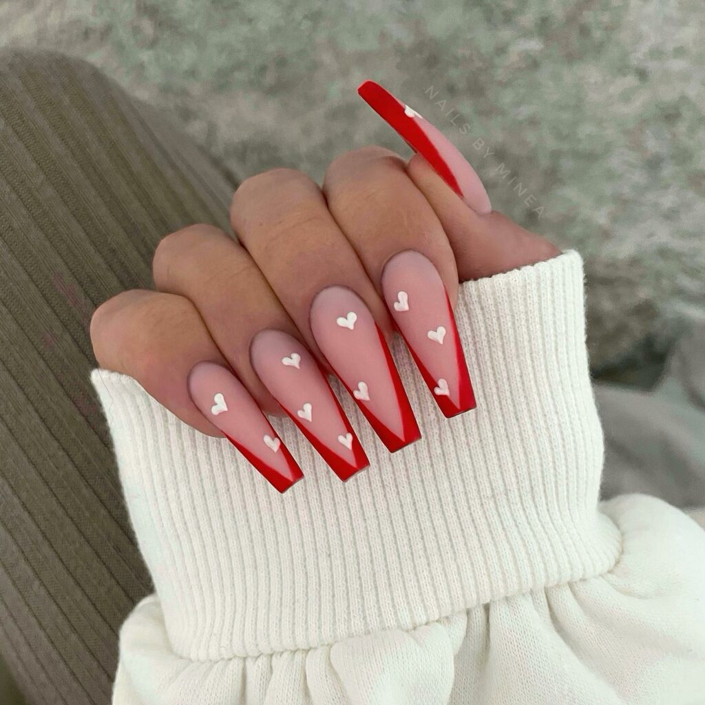 37 Latest Red And Pink Nail Design Ideas To Try In 2024! 15 Delicate Hearts on a Gradient Red and Pink Nails