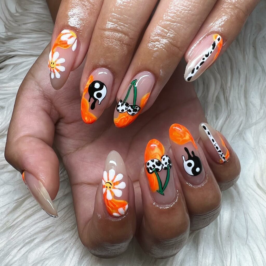 27 Latest Yin-Yang Nail Designs To Try In 2024! 33 Drippy Yin Yang Nails Combined with Cow print Cherries