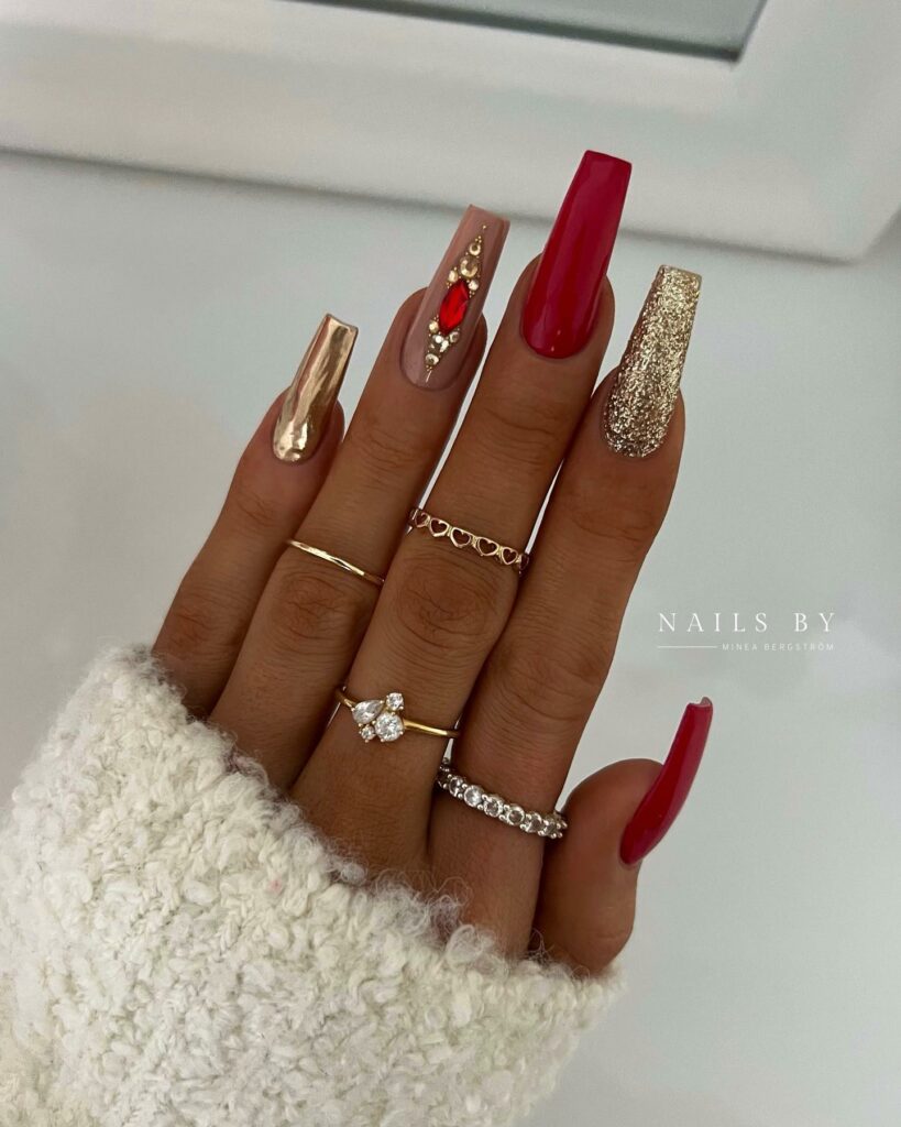 Shine Bright with 30 Red and Gold Christmas Nail Ideas in 2024 31 Elegant Red and Gold Christmas Nails with Gems