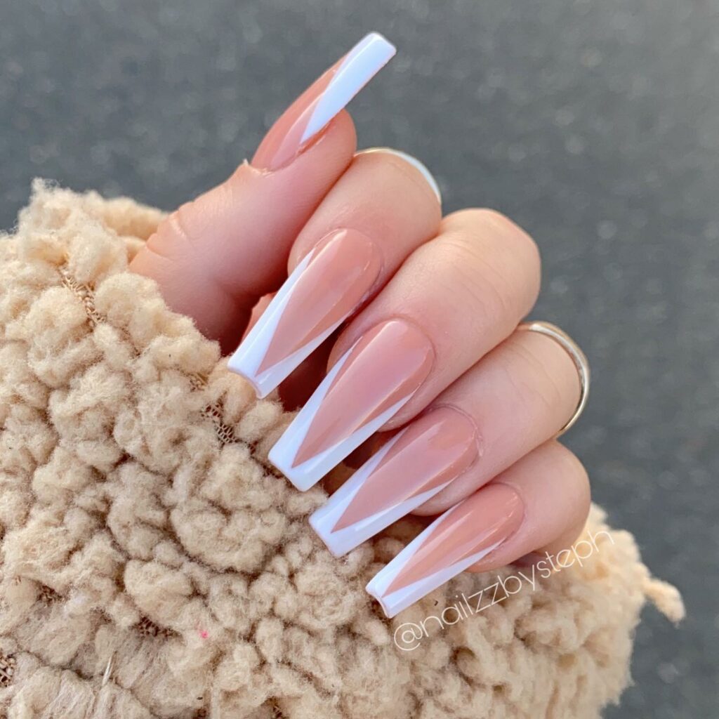 Experiment with 40 Fresh White Tip Nail Ideas for 2024 17 Elegant V Tip Coffin