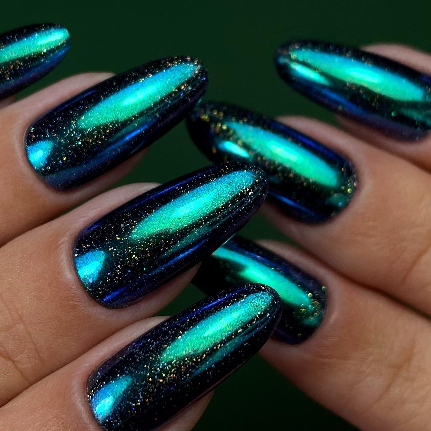 20 Latest Green Nail Designs To Try Today ✨ 23 Elegant Iridescent Stiletto Nail Art with Glitter