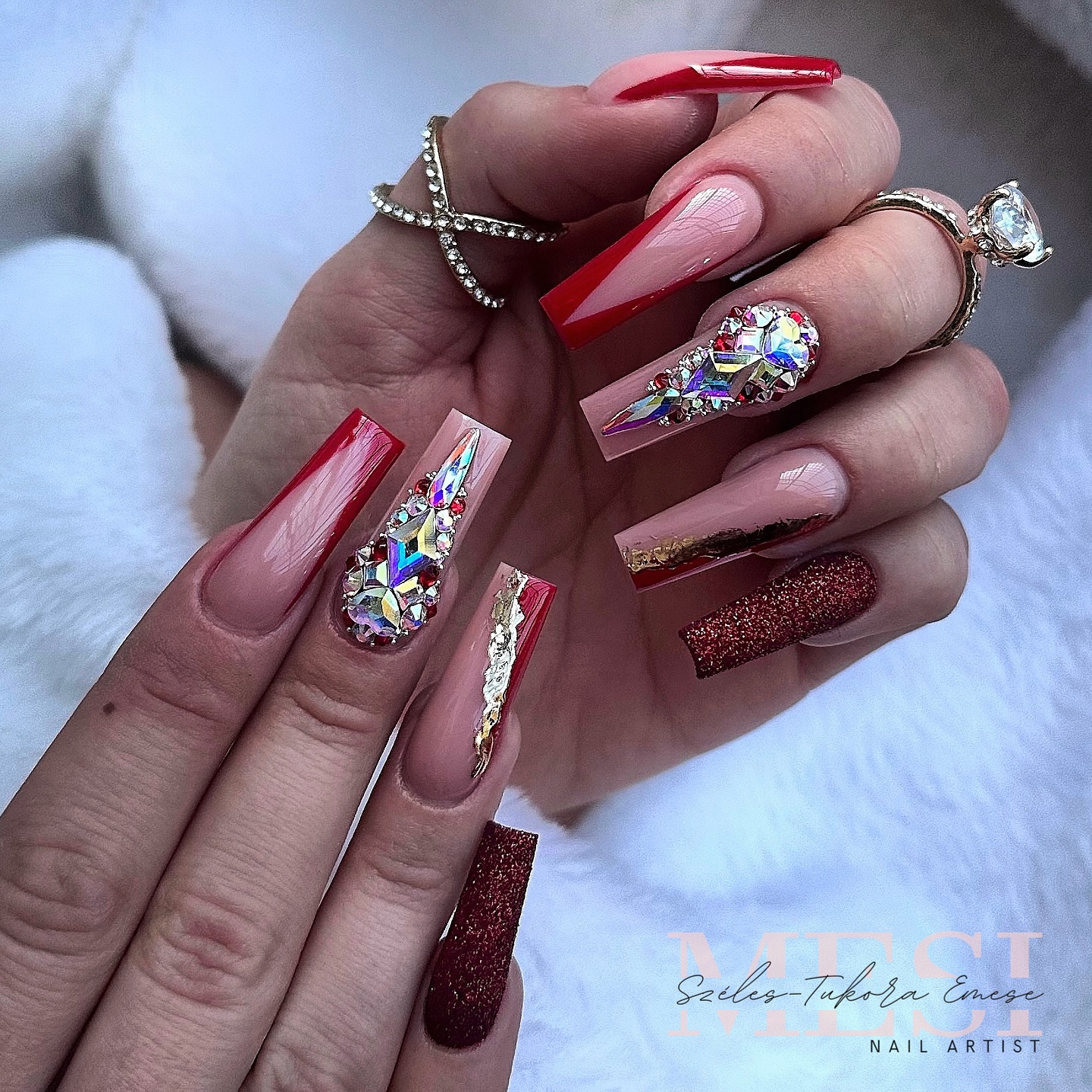 20 Latest Red Nail Designs To Try Today ✨ 14 Elegant Red Gradient with Jeweled Accents