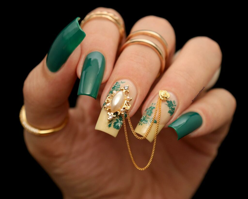 33 Latest Emerald Green and Gold Nail Ideas To Try In 2024! 27 Emerald and Ivory Nails with Golden Flourishes