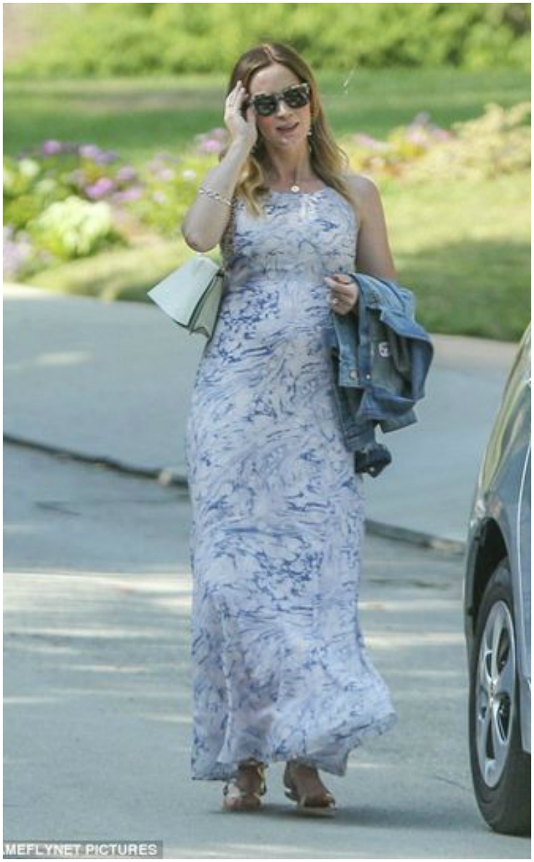 What to Wear to a Baby Shower 32 Pregnant Emily Blunt in blue and white patterned maternity maxi dress with denim jacket and cream handbag