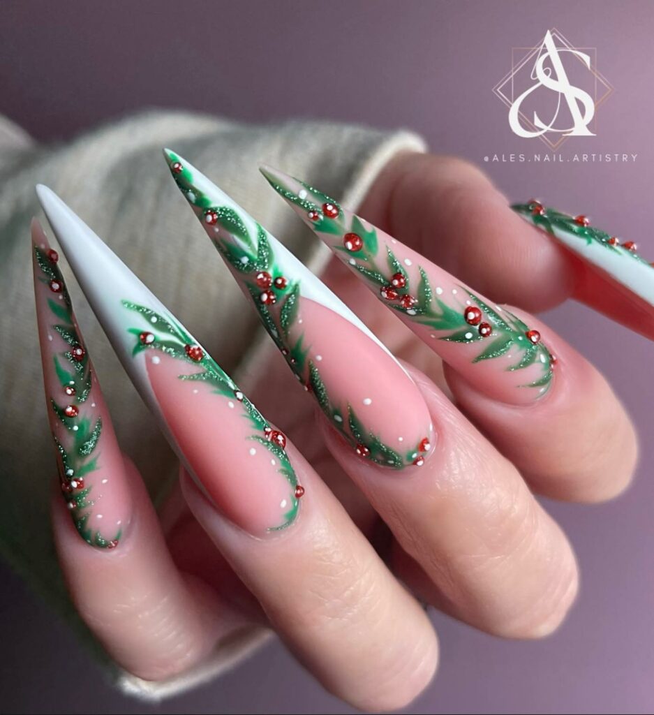 Get Festive with 20 Stiletto Christmas Nail Ideas in 2024 27 Enchanting Greenery Stiletto Christmas Nails