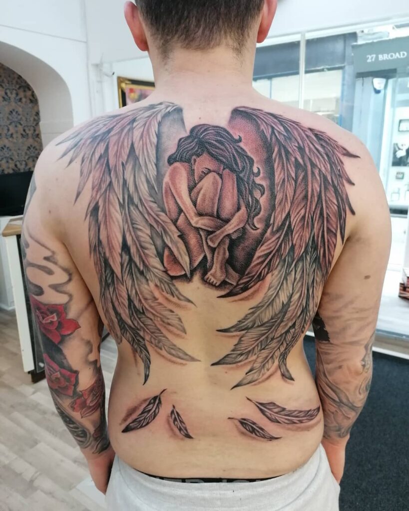11+ Female Protector Guardian Angel Tattoo Ideas That Will Blow Your Mind! 14 Fallen Angel Tattoo