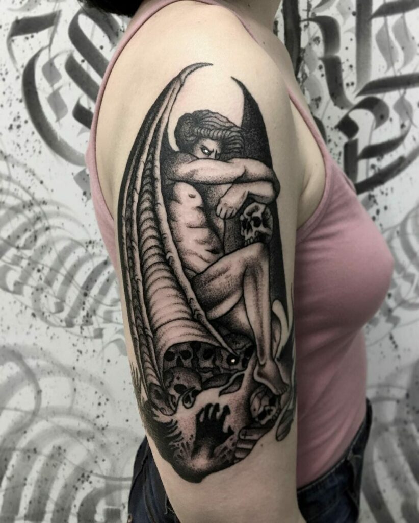 11+ Fallen Angel Tattoo Ideas You Have To See To Believe! 20 Fallen Angel Tattoo With Skulls