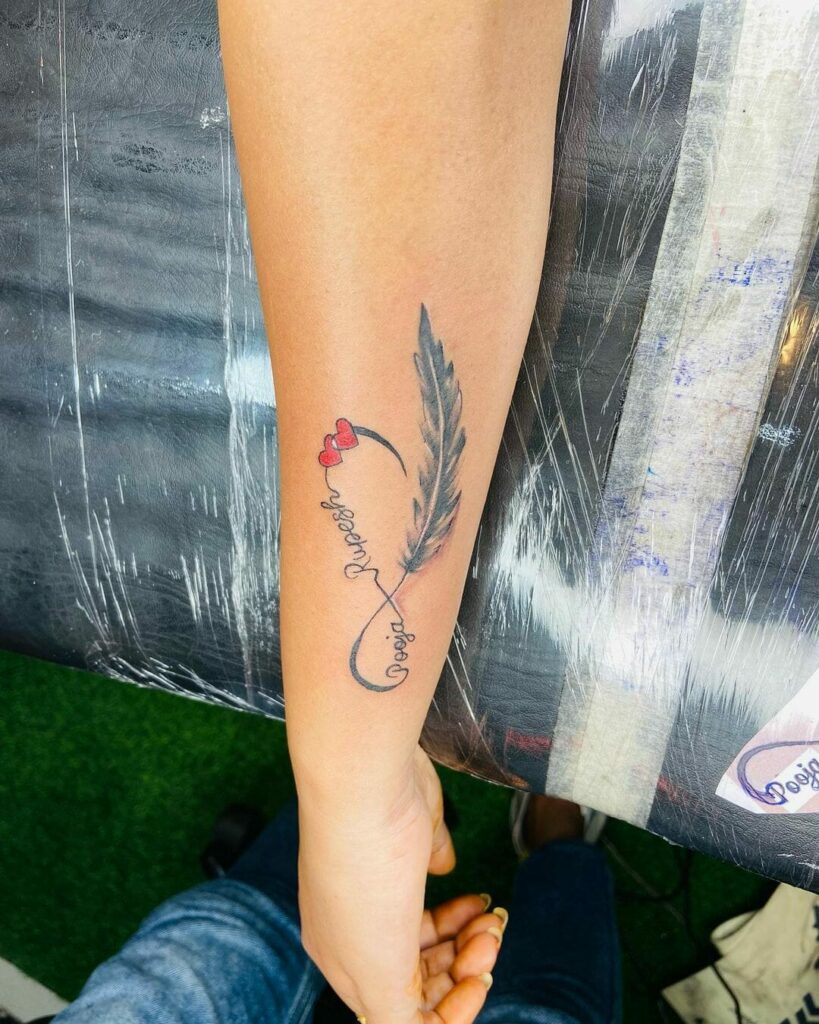 10+ Infinity Tattoo With Names Ideas You Have To See To Believe! 12 Feather Infinity Tattoo