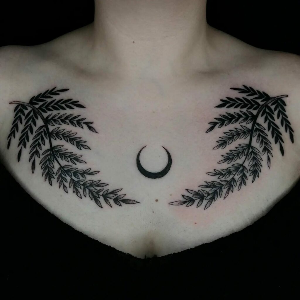 17+ Chest Piece Tattoo Ideas That Will Blow Your Mind! 11 Fern And Moon Chest Tattoo