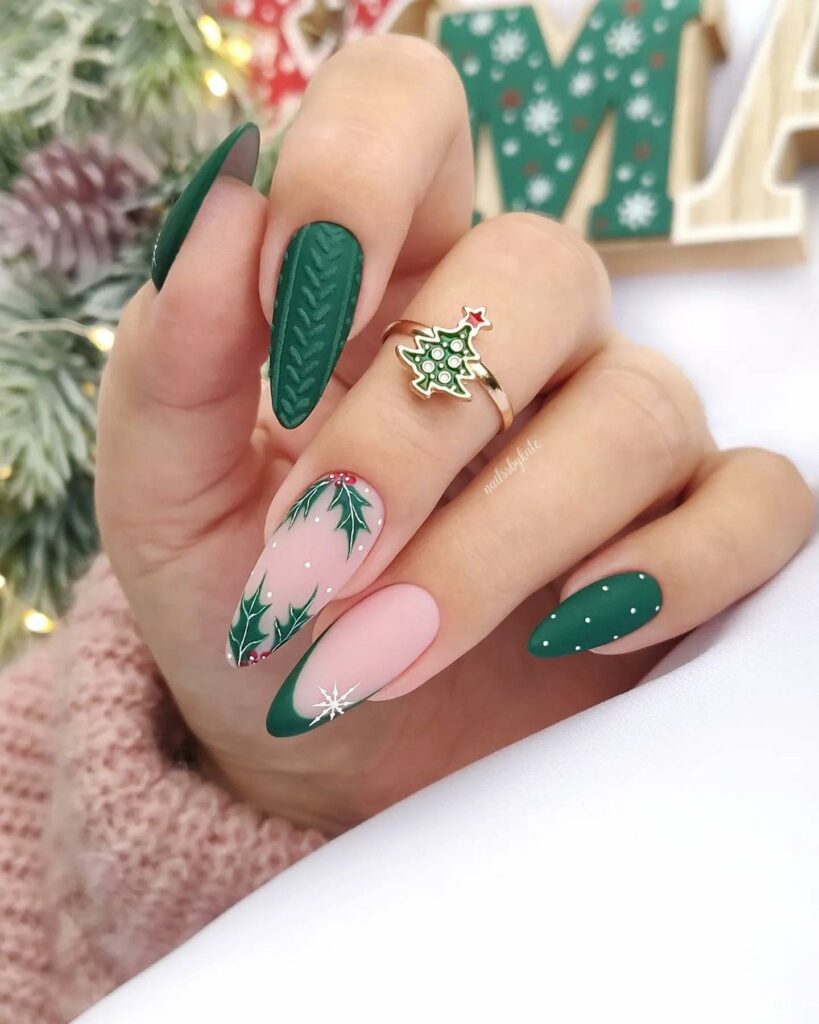 Celebrate with 40 Christmas Statement Nail Designs in 2024 37 Festive Greens & Delicate Flurries Nails