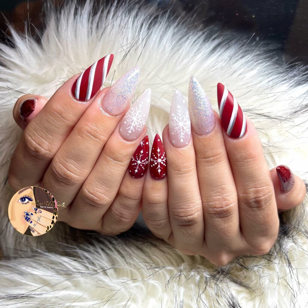 Get Festive with 20 Stiletto Christmas Nail Ideas in 2024 13 Festive White and Red Stiletto Christmas Nails