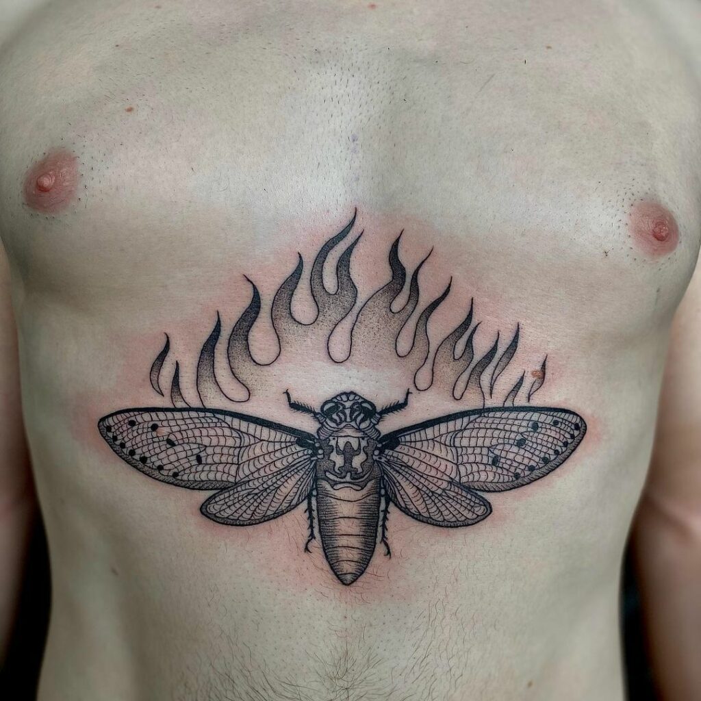 11+ Cicada Tattoo Ideas You'll Have To See To Believe! 12 Fiery Cicada Chest Tattoo