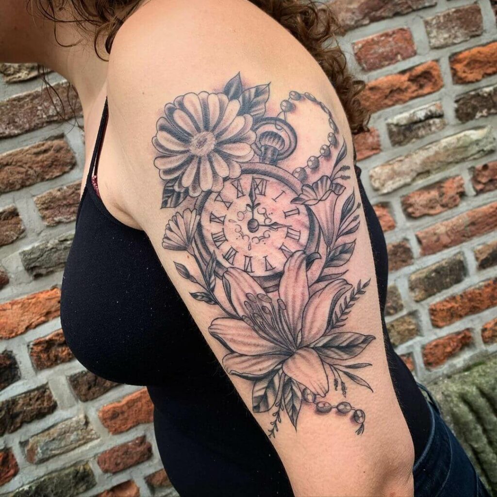 12+ Clock Flower Tattoo Ideas To Inspire You! 15 Fineline Black And White Clock Tattoo Ideas