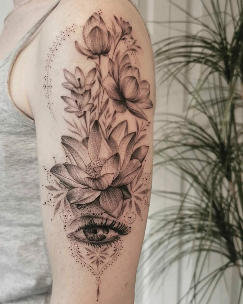 11+ Unique Upper Arm Half Sleeve Tattoo Ideas That Will Blow Your Mind! 14 Finely Detailed Flowers With Eye Half Sleeve Tattoo
