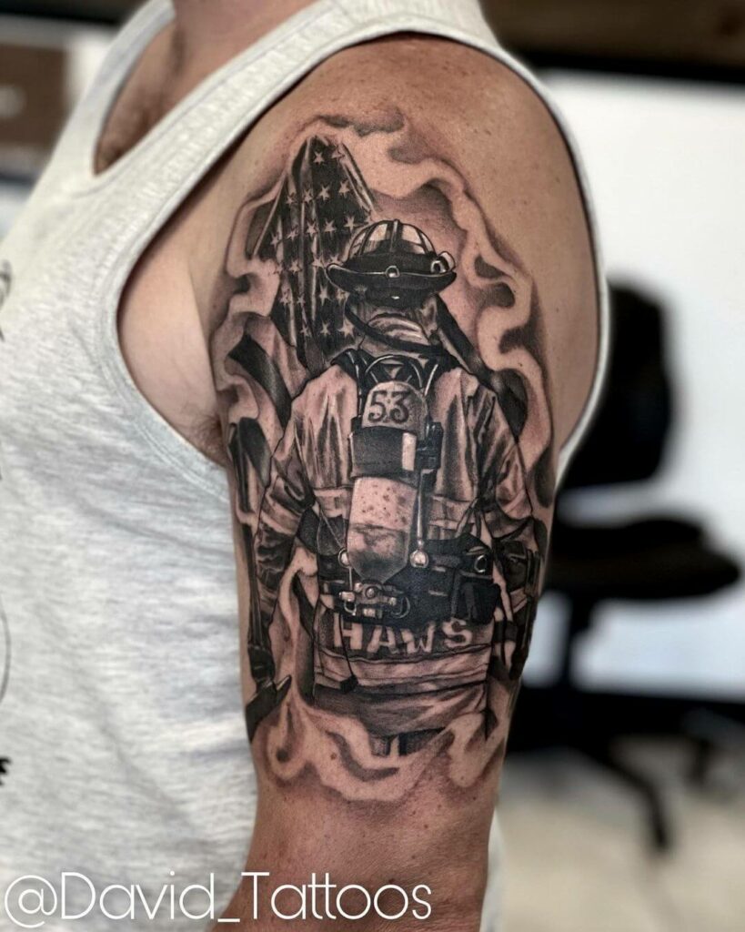 12+ Black American Flag Tattoo Ideas To Inspire You! 11 Fire Fighter Tribute American Flag Tattoo