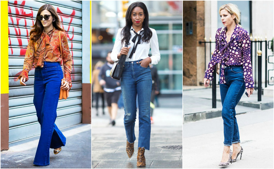 The Best High Waisted Jeans – How They Should Fit & What To Style Them With 48 Flared Pussybow Seventies Blouse Shirt High Waist Jeans Style Fashion Women Guide Street Celebrity Outfit Inspiration
