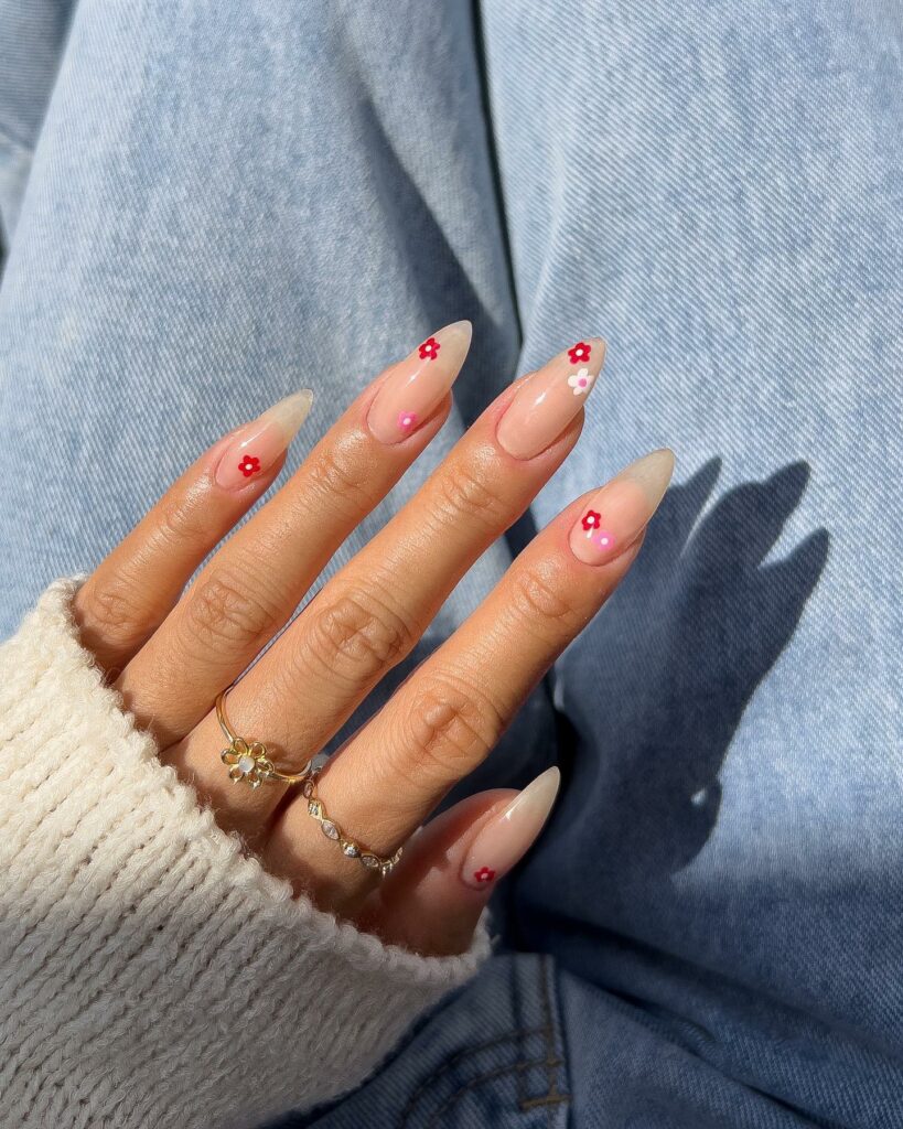 40 Latest Nude Pink Nail Ideas To Try In 2024! 10 Floral Almond Nude Pink Nails