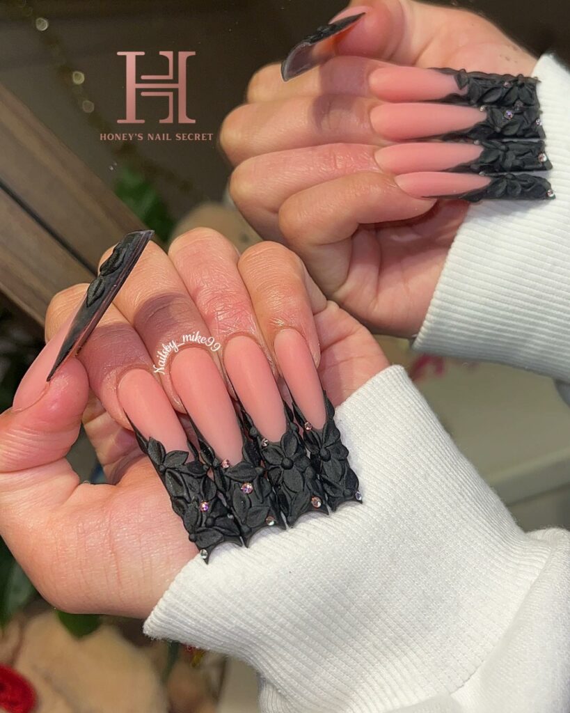 44 Latest Black Ombré Nail Designs To Try In 2024! 44 Floral Black Ombré Nails