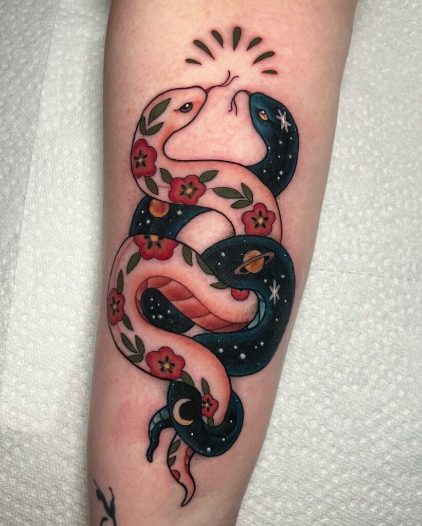 11+ Snake Flower Tattoo Ideas That Will Blow Your Mind! 13 Floral Day And Night Snake Tattoo