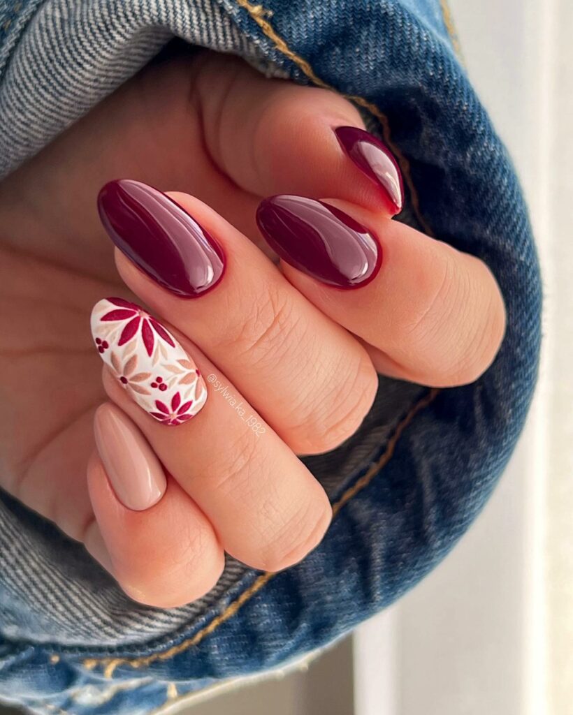 20 Latest Wine Color Nail Ideas To Try In 2024! 17 Maroon Nails with Floral Touch