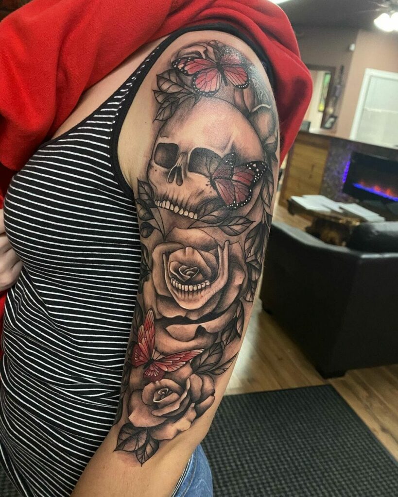 15+ Quarter Sleeve Tattoo Ideas You Have To See To Believe! 11 Floral Quarter Sleeve Tattoo With A Skull