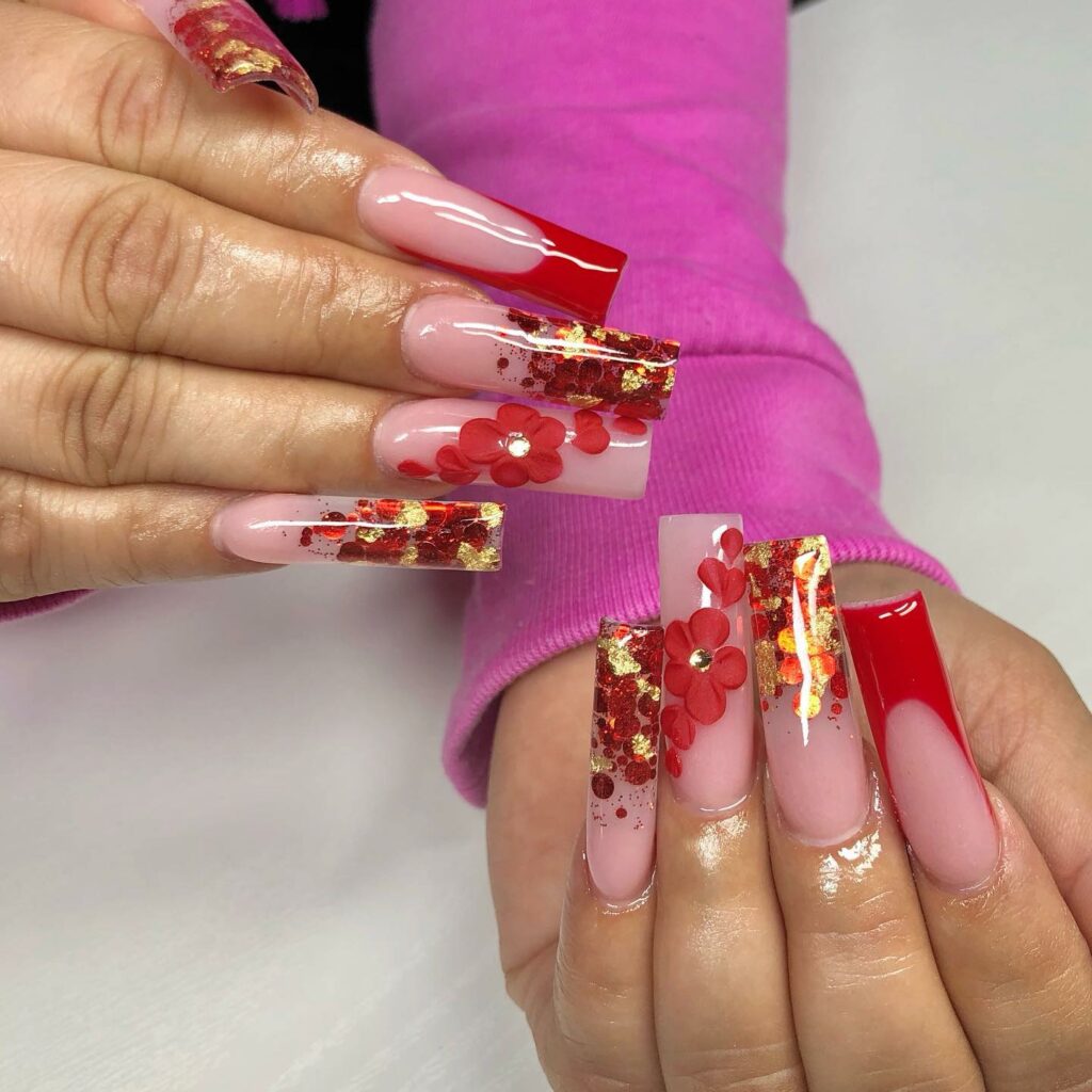 Explore 34 Red Acrylic Nail Designs To Try in 2024 20 Floral Red Acrylic Nails