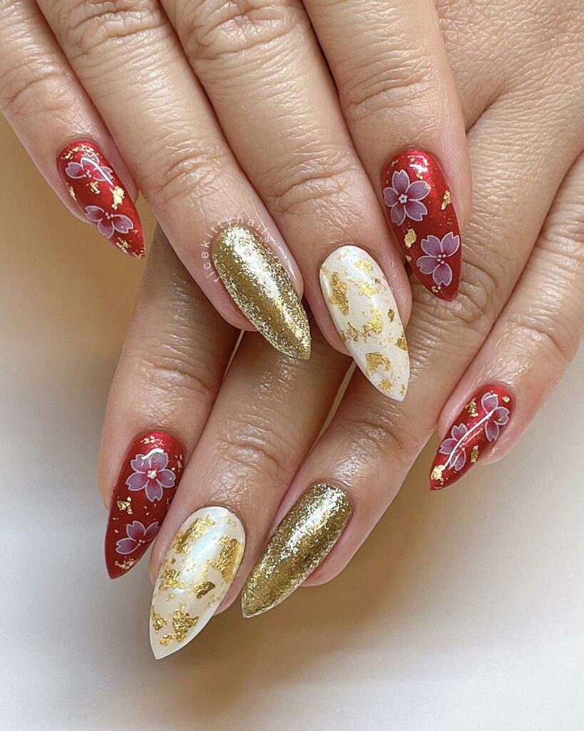 Sport 35 Festive Red Christmas Nails in 2024 25 Golden Foil Floral on Red Christmas Nails