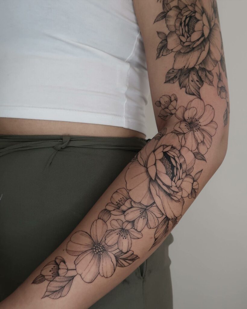 12+ Spaced Out Tattoo Sleeve Ideas To Inspire You! 15 Floral Sketch Spaced Out Tattoo Sleeve