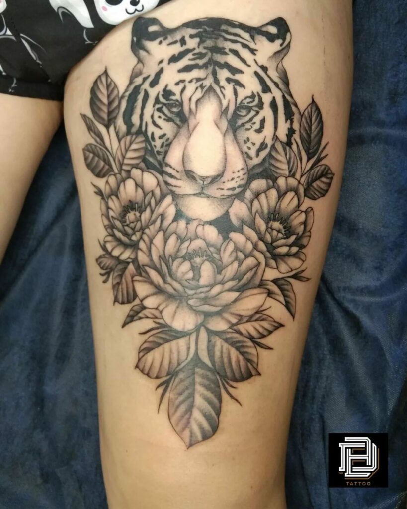 12+ Tiger Thigh Tattoo Ideas That Will Blow Your Mind! 16 Floral Tiger Thigh Tattoo