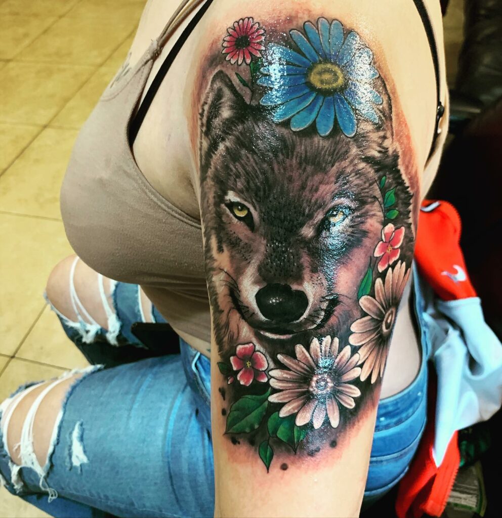 12+ Wolf Face Tattoo Ideas To Inspire You! 13 Floral Wolf Head Tattoo Design Idea