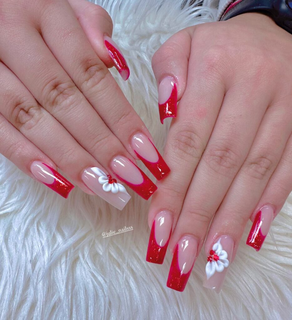 Go Bold with 40 Red Coffin Nail Designs in 2024 27 Floral red french nails