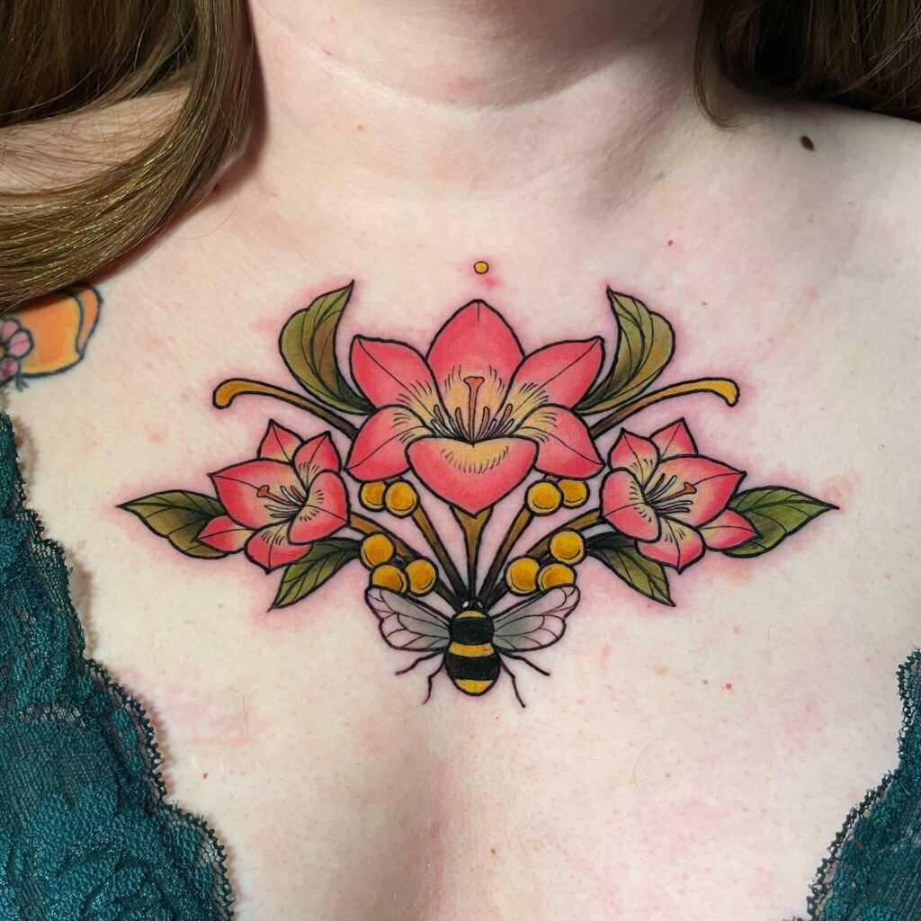 17+ Chest Piece Tattoo Ideas That Will Blow Your Mind! 16 Flower And Bee Chest Tattoo