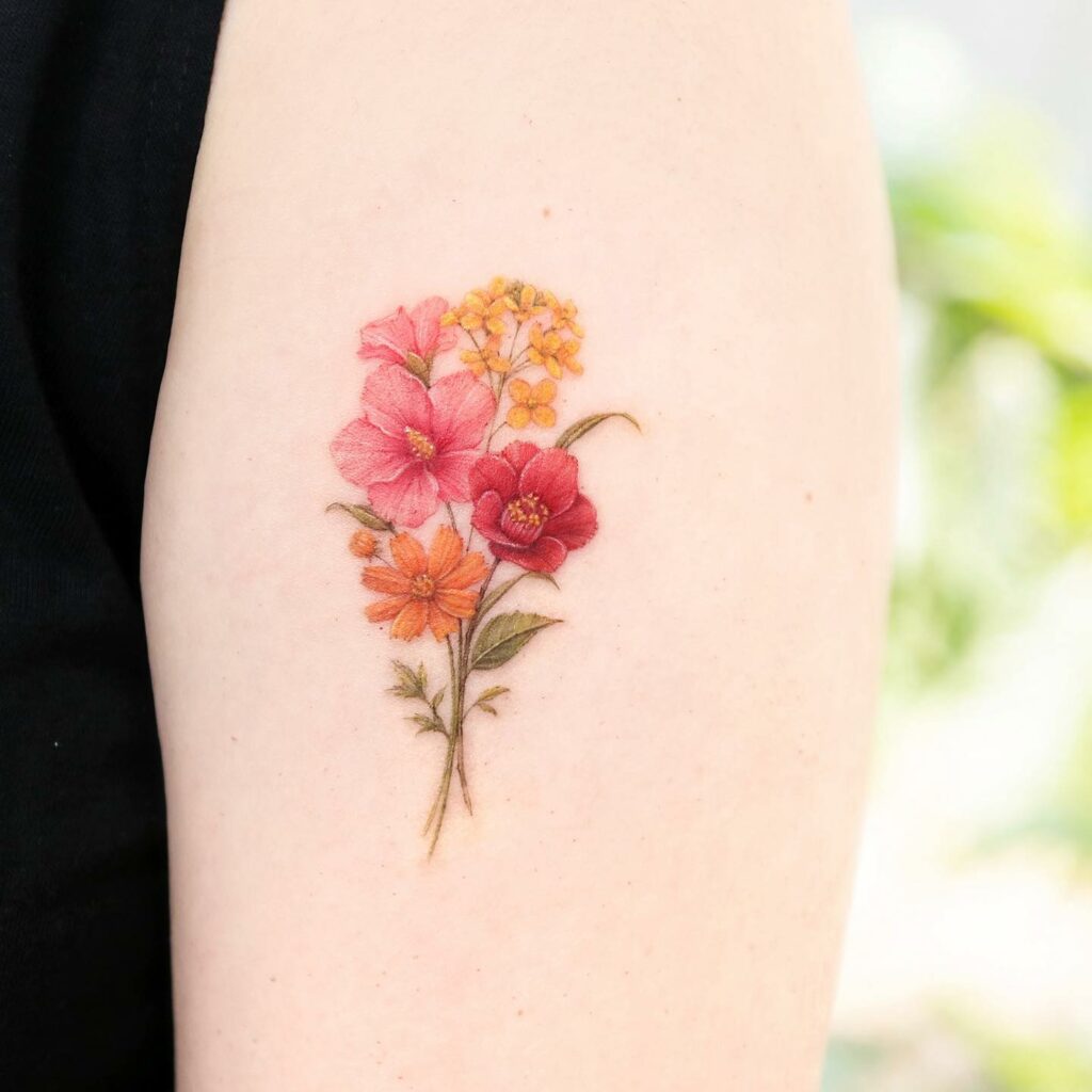 11+ October Birth Flower Tattoo Ideas That Will Blow Your Mind! 15 Flower Bouquet Tattoos With Marigold And Cosmos ideas