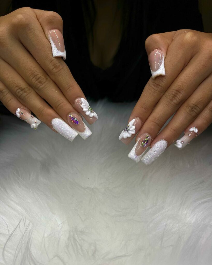 59 White Glitter Nail Designs To Try In 2024! 31 Flower white glitter nails
