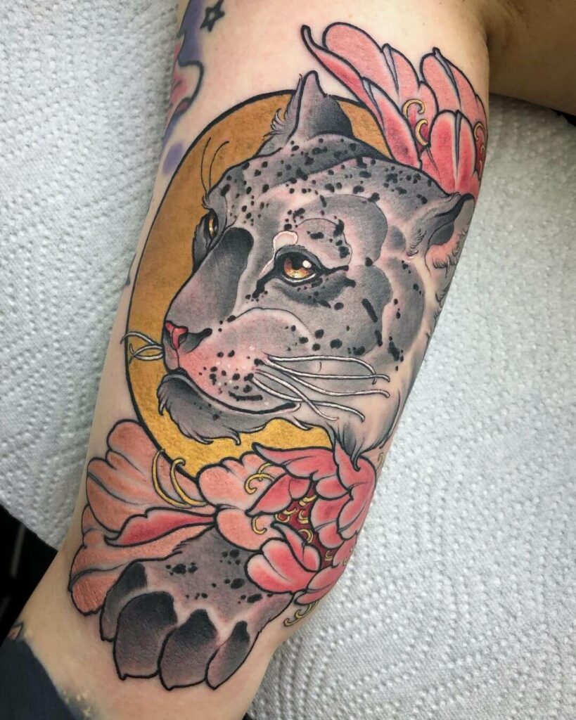 12+ Best Snow Leopard Tattoo Ideas To Inspire You! 15 Flowers And Sun With Snow Leopard Tattoo