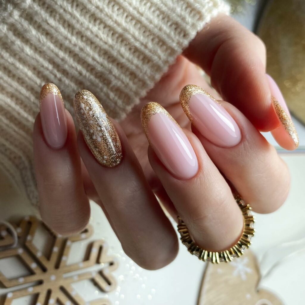 Transition Gracefully with 20 Christmas Ombré Nail Ideas in 2024 25 French Gold Christmas Ombré Nails with Snowflakes