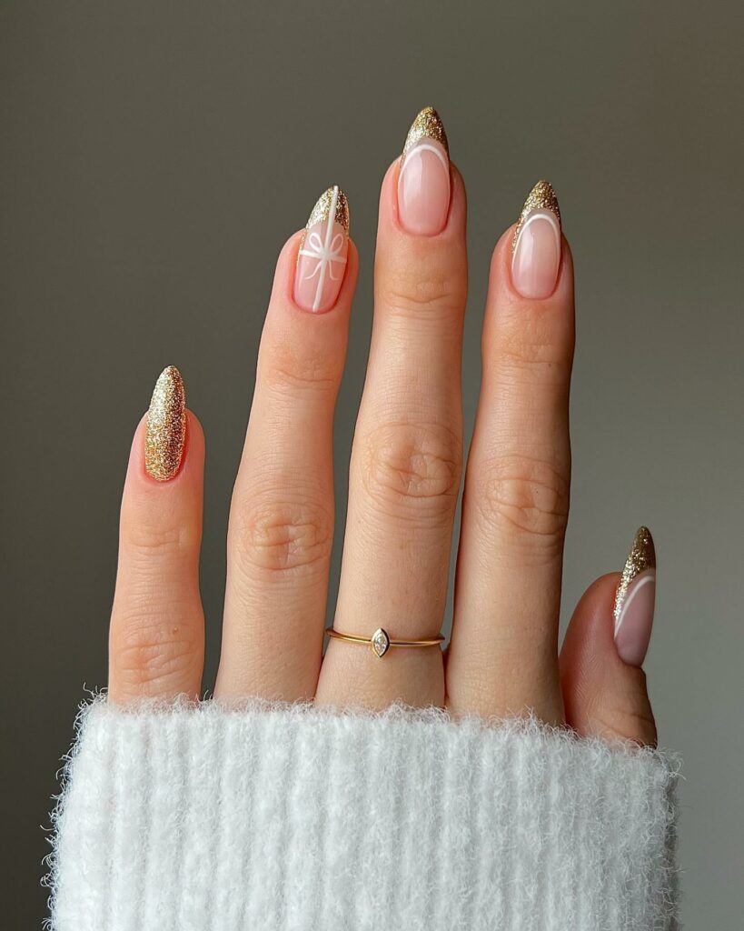 Sparkle and Shine with 33 Glitter Christmas Nail Ideas in 2024 14 French Gold Glitter Christmas Nails with Ribbons