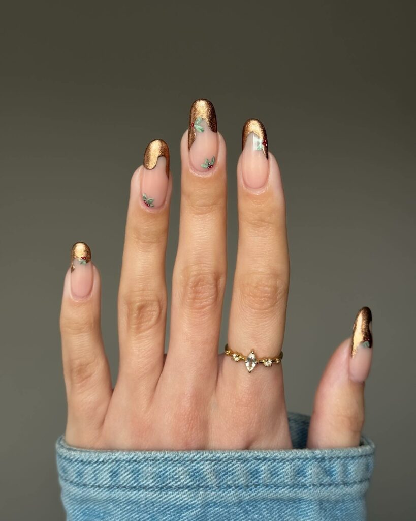 Bring Mistletoe Magic with 20 Mistletoe Nail Ideas in 2024 12 French Gold and Mistletoe Nails
