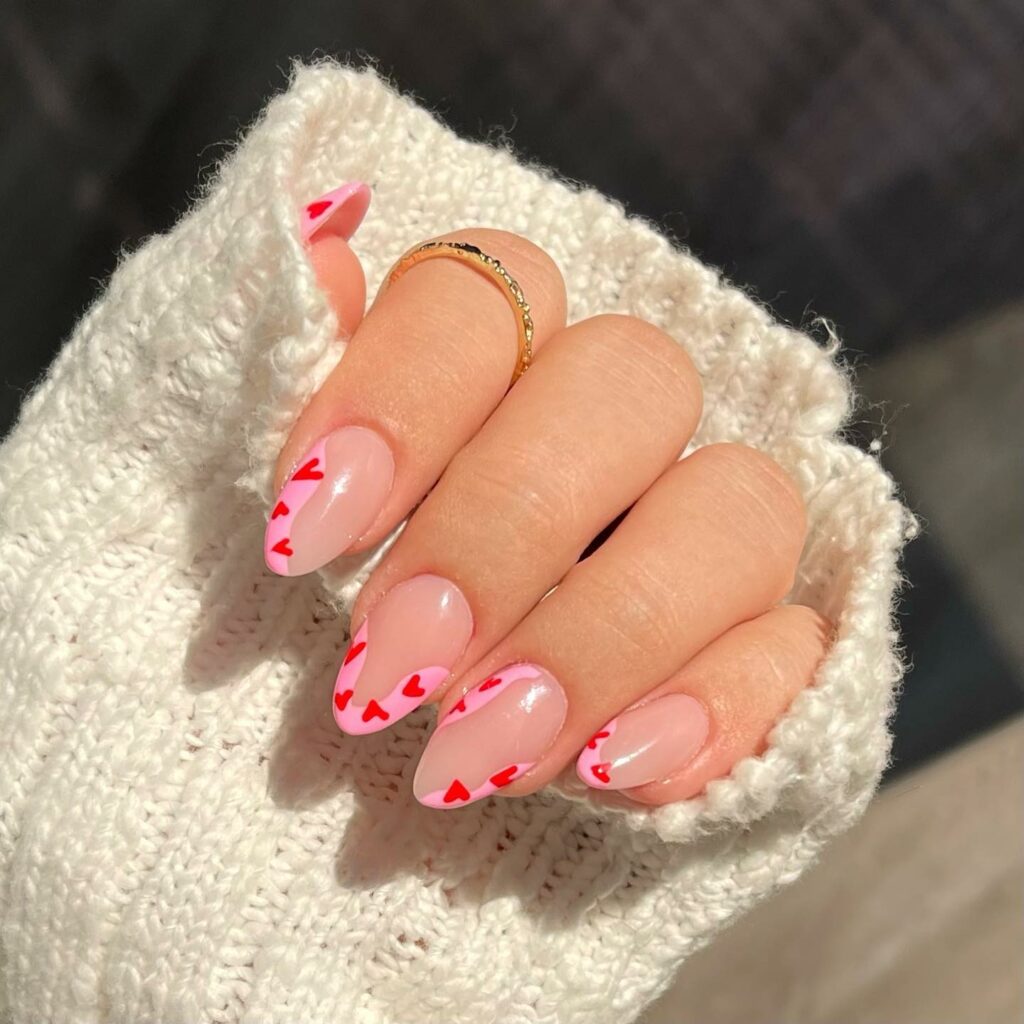 37 Latest Red And Pink Nail Design Ideas To Try In 2024! 12 French Heart Red and Pink Nails
