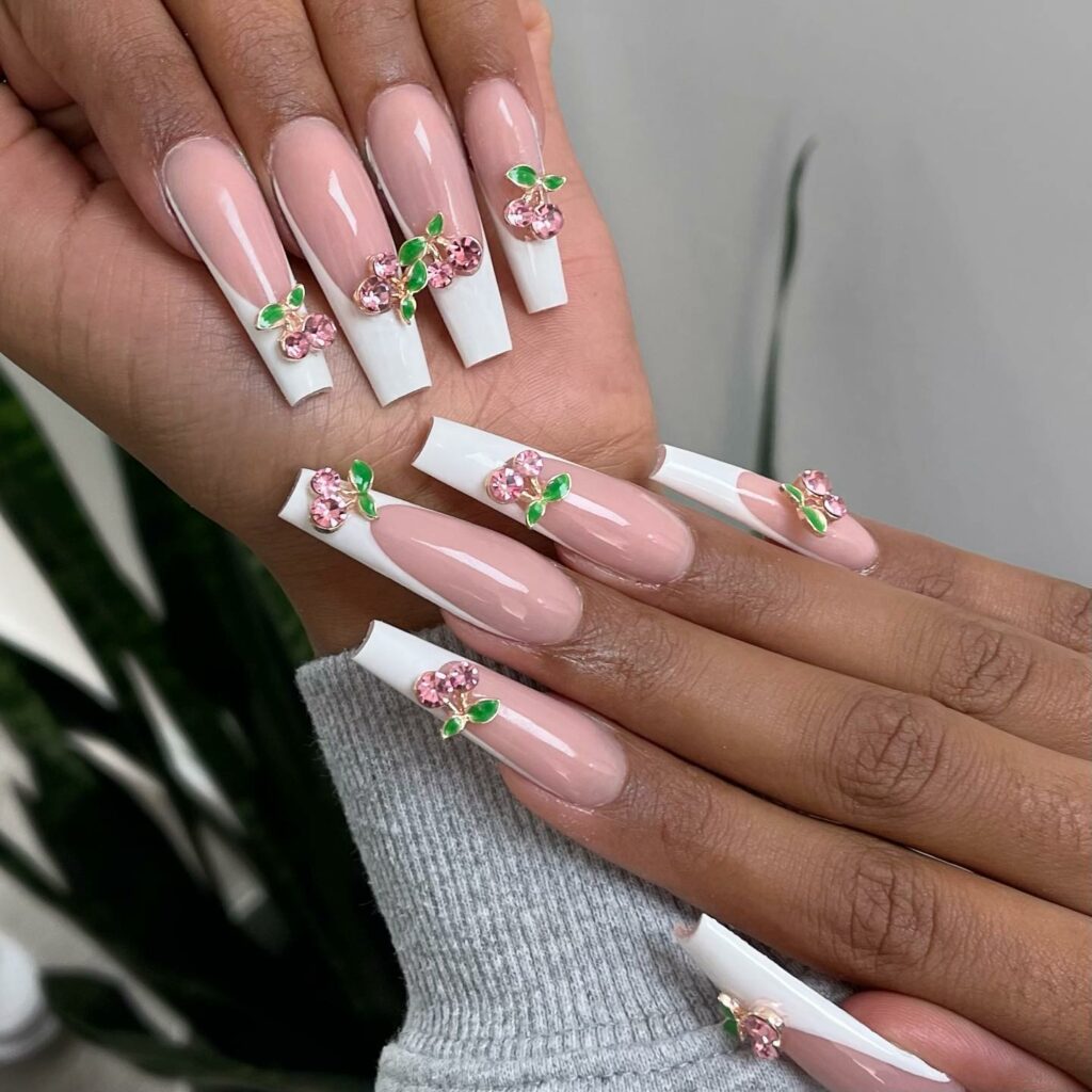 30 Latest Long French Tip Nail Ideas To Try In 2024! 58 French Long Nails with Cherry Designs