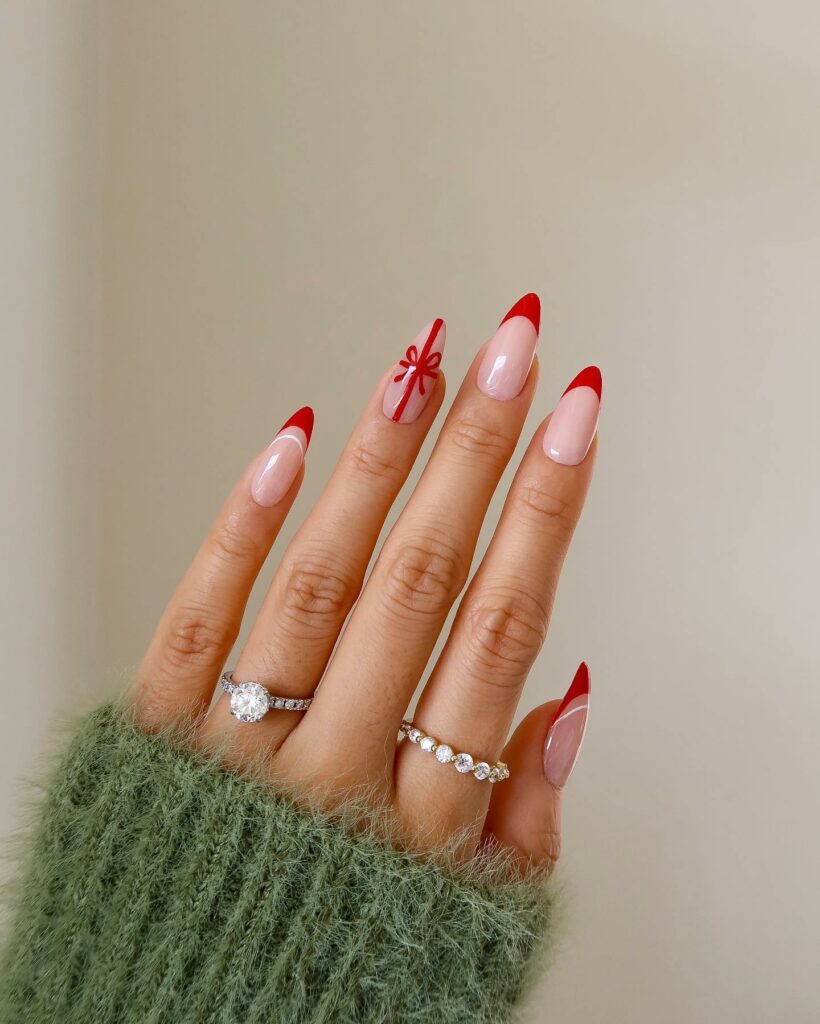 Feel Festive with 30 Christmas Almond Nail Ideas in 2024 36 Elegant French-Tipped Red Christmas Nails