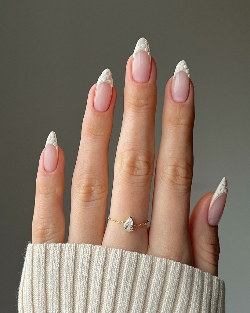 Celebrate with 30 Nude Christmas Nail Ideas in 2024 38 French Snowflakes Nude Christmas Nails