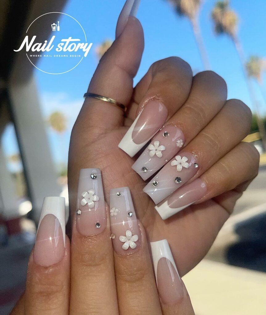 59 White Glitter Nail Designs To Try In 2024! 14 Frosted Frenchies With 3D Florals