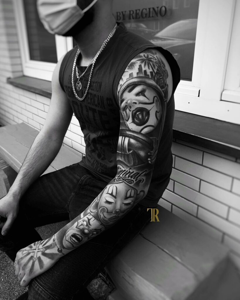 10+ Chicano Tattoo Lettering Ideas That Will Blow Your Mind 19 Full Sleeve Chicano Tattoo in Black Shading