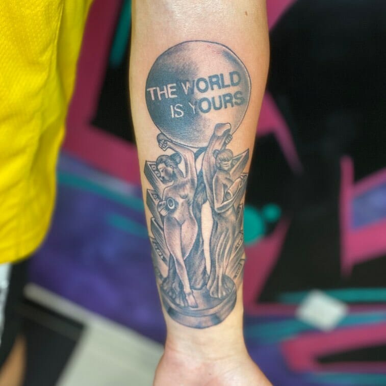 19+ Scarface The World Is Yours Tattoo Ideas That Will Blow Your Mind! 16 Full Sleeve The World Is Your Tattoo ideas
