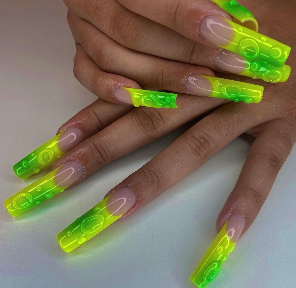 Try in 2024: 50 Latest Neon Green Nail Designs 27 Galaxy