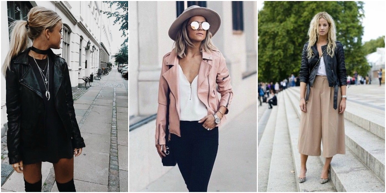 How to Wear a Leather Jacket All Year Round 19 Black leather jacket black dress pink leather jacket white t-shit skinny jeans black leather jacket cropped wide leg trousers